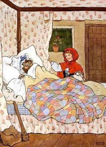 The Wolf disguised as Little Red Riding Hood's grandmother, illustration from 'The Beautiful Book of Nursery Rhymes, Stories and Pictures' by Frank Adams