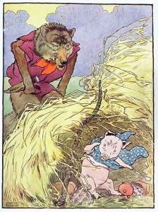 'So he huffed and he puffed till he blew the house of straw in', illustration from 'The Three Little Pigs' by Frank Adams
