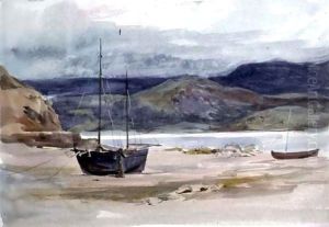 Hilly coast scene with boats