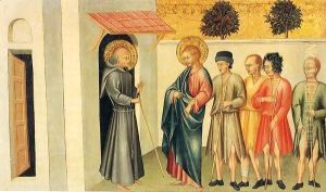 Franciscan Saint Receiving Pilgrims Led by Saint James the Great by Giovanni di Paolo