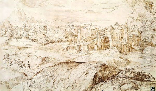 Mountainous Landscape with Antique Ruins by Domenico Campagnola