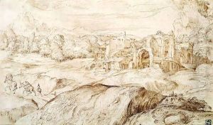 Mountainous Landscape with Antique Ruins by Domenico Campagnola
