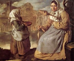 Little Beggar Girl and Woman Spinning