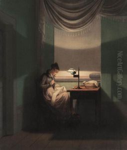 Young Woman Sewing by the Light of a Lamp by Georg Friedrich Kersting