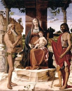 Madonna and Child under a Pergola with St John the Baptist and St Onofrius by Bartolomeo Montagna
