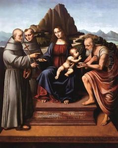 Virgin and Child Enthroned with Saints by Marco d' Oggiono