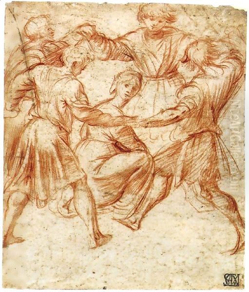Young Men Dancing around a Woman - view 1