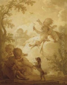 Putti In A Wooded Landscape With A Bird And A Lap-dog by Dirk Van Der Aa