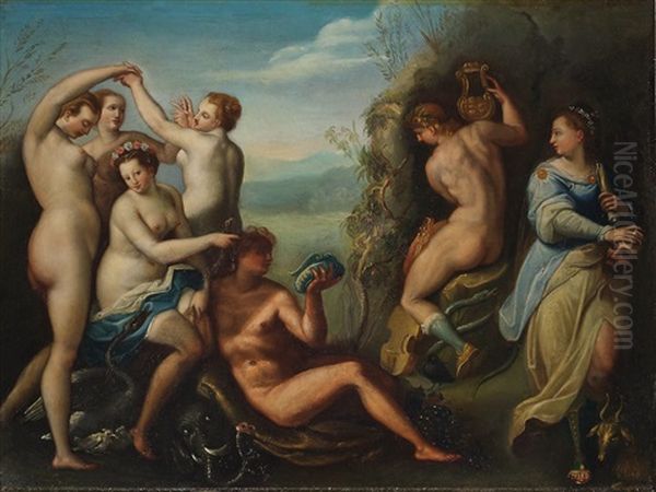 Reizvolle Szenerie Mit Figuren Aus Bibel Und Mythologie: Die Drei Grazien - Leda Und Der Schwan - Adonis - Salome Mit Dem Haupte Johannes Des Taufers - view 1