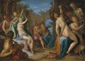 An Assembly Of The Gods, With Jupiter Embracing Minerva, Venus Confronting Diana Observed By Hercules, Mercury, Cupid And Apollo, And Neptune And Hades... by Hans Von Aachen