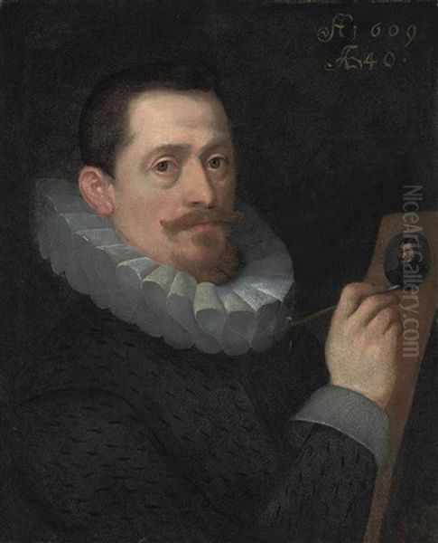 Portrait Of A Gentleman, Aged 40, In A Black Coat And White Ruff, Painting A Miniature - view 1