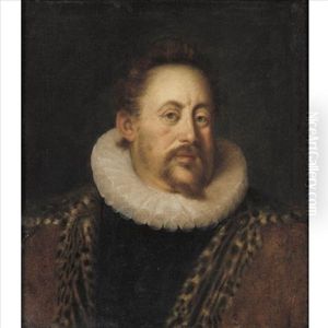 Portrait Of Count Otto Heinrich Von Schwarzenberg, Half Length, Wearing A White Ruff And A Leopard Skin Cloak by Hans Von Aachen