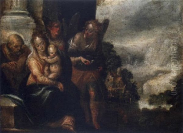 The Holy Family With Two Angels In A Portico, A Landscape Beyond - view 1
