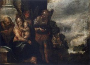 The Holy Family With Two Angels In A Portico, A Landscape Beyond