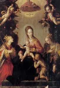 La Vierge Et L'enfant, Avec Dieu Le Pere, Le Saint-esprit, Adores Par Sainte Catherine D'alexandrie Et Sainte Barbe (?) La Vierge Et L'enfant, Avec Dieu Le Pere, Le Saint-esprit, Adores Par Sainte Catherine D'alexandrie Et Sainte Barbe (?)