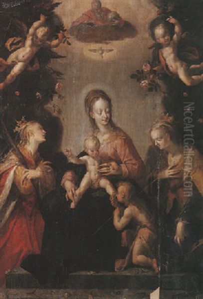 La Vierge Et L'enfant, Avec Dieu Le Pere, Le Saint Esprit Et Des Anges Adores Par Des Saints - view 1