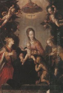 La Vierge Et L'enfant, Avec Dieu Le Pere, Le Saint Esprit Et Des Anges Adores Par Des Saints by Hans Von Aachen