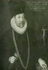 Portrait Of Count Svickardus Von Helfenstein (1538-1699), Half Length, In A Black Tunic And Cap, Holding A Pair Of... by Hans Von Aachen