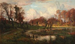 Autumn Meadow Landscape With Cattle At A Water Hole by Carl Frederik Peder Aagaard