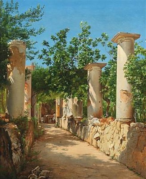 Italian Ancient Columns, In The Background Figures At The Well. Presumably From Capri - view 1