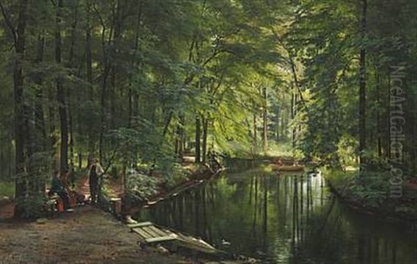 A Stream In The Spring Woods With Two Women In A Rowing Boat. People Are Relaxing Near The Shore - view 1