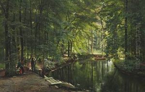 A Stream In The Spring Woods With Two Women In A Rowing Boat. People Are Relaxing Near The Shore