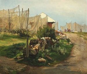 Scenery With Fishings Nets Drying In The Sunshine by Carl Frederik Peder Aagaard