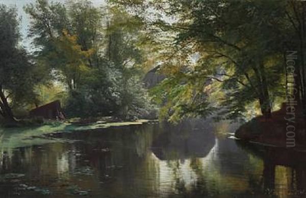 View Of A Forest Lake With An Angler And His Family - view 1
