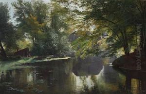 View Of A Forest Lake With An Angler And His Family by Carl Frederik Peder Aagaard