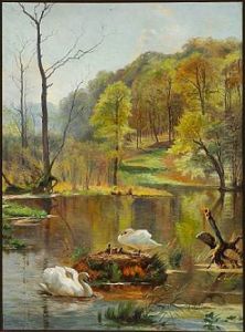 Forest Lake With Swans And Cygnets In The Nest by Carl Frederik Peder Aagaard