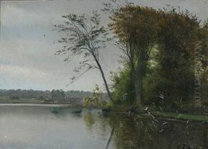 View Of A Lake With Two Children Fishing