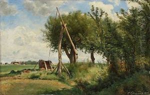 Piletraeer Ved En Vippebrond, Foraarsdag by Carl Frederik Peder Aagaard
