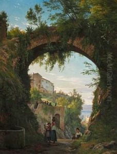 Italians Under An Aqueduct In A High-lying Town At A Lake Italians Under An Aqueduct In A High-lying Town At A Lake