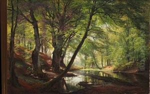 Skovso - Fra Bondedammen Ved Hellebaek - Septembermorgen (forest Lake) by Carl Frederik Peder Aagaard