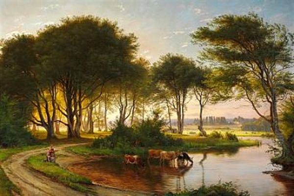 Danish Summer Landscape With Two Girls Watering The Cows In A Stream. In The Background Sunny Fields And Farms - view 1
