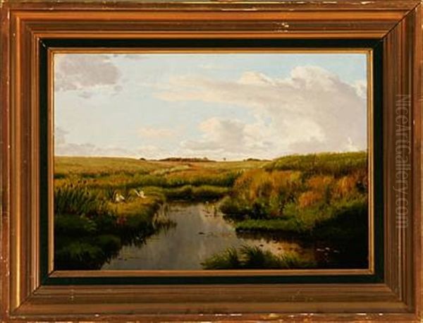 A Meadow Landscape With A Pair Of Storks At The Stream - view 1