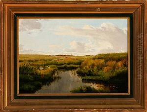 A Meadow Landscape With A Pair Of Storks At The Stream by Carl Frederik Peder Aagaard