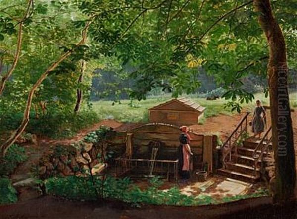 Two Young Girls Picking Up Water From A Spring In A Forest - view 1