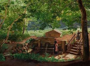 Two Young Girls Picking Up Water From A Spring In A Forest