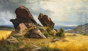Klipper I En Bygmark. Optraekkende Bygevejr. Motiv Fra Allinge Paa Bornholm Klipper I En Bygmark. Optraekkende Bygevejr. Motiv Fra Allinge Paa Bornholm