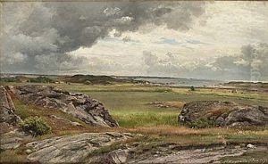 Soligt Kustlandskap Med Figurer Soligt Kustlandskap Med Figurer