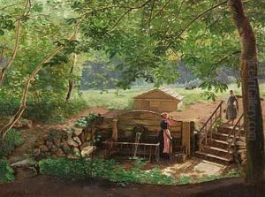To Bondepiger Henter Vand Ved En Kilde I Skoven by Carl Frederik Peder Aagaard