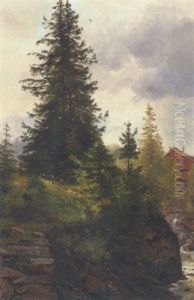 Rodmalet Traehus Bag Grantraeer Ved Et Vandfald I Et Nordisk Landskab Rodmalet Traehus Bag Grantraeer Ved Et Vandfald I Et Nordisk Landskab
