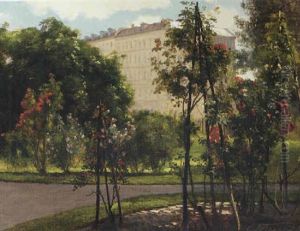 A Colonnade On The Edge Of A Park With Roses In Bloom