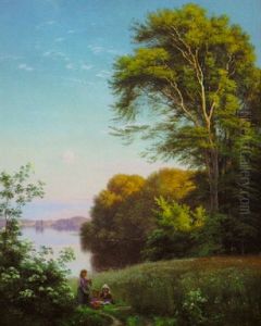 Children Gathering Flowers, Lake With Boaters And Forest Landscape Beyond