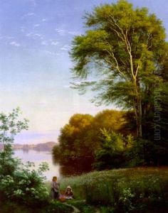 Sommerdag Ved Soen, Tre Sma Piger Binder Blomster by Carl Frederik Peder Aagaard