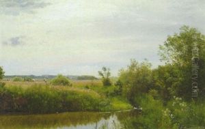 Sommerlandschaft Mit Schnittern Auf Der Wiese Im Mittelgrund by Carl Frederik Peder Aagaard