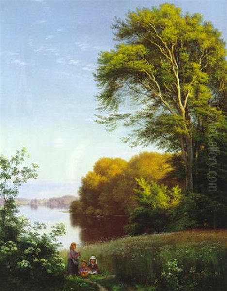 Sommerdag Ved Soen, I Forgrunden Tre Sma Piger, Der Binder Blomsterkrans - view 1