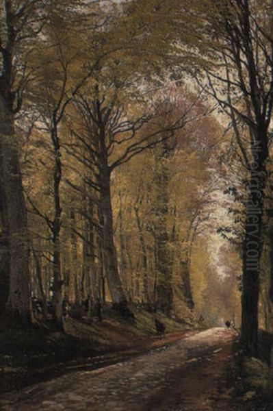 A Woodland Path With Herders And Cattle - view 1