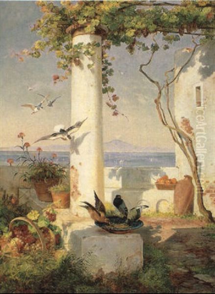 Pergola Med Duer, Frugter Og Blomster, I Baggrunden Vesuv - view 1